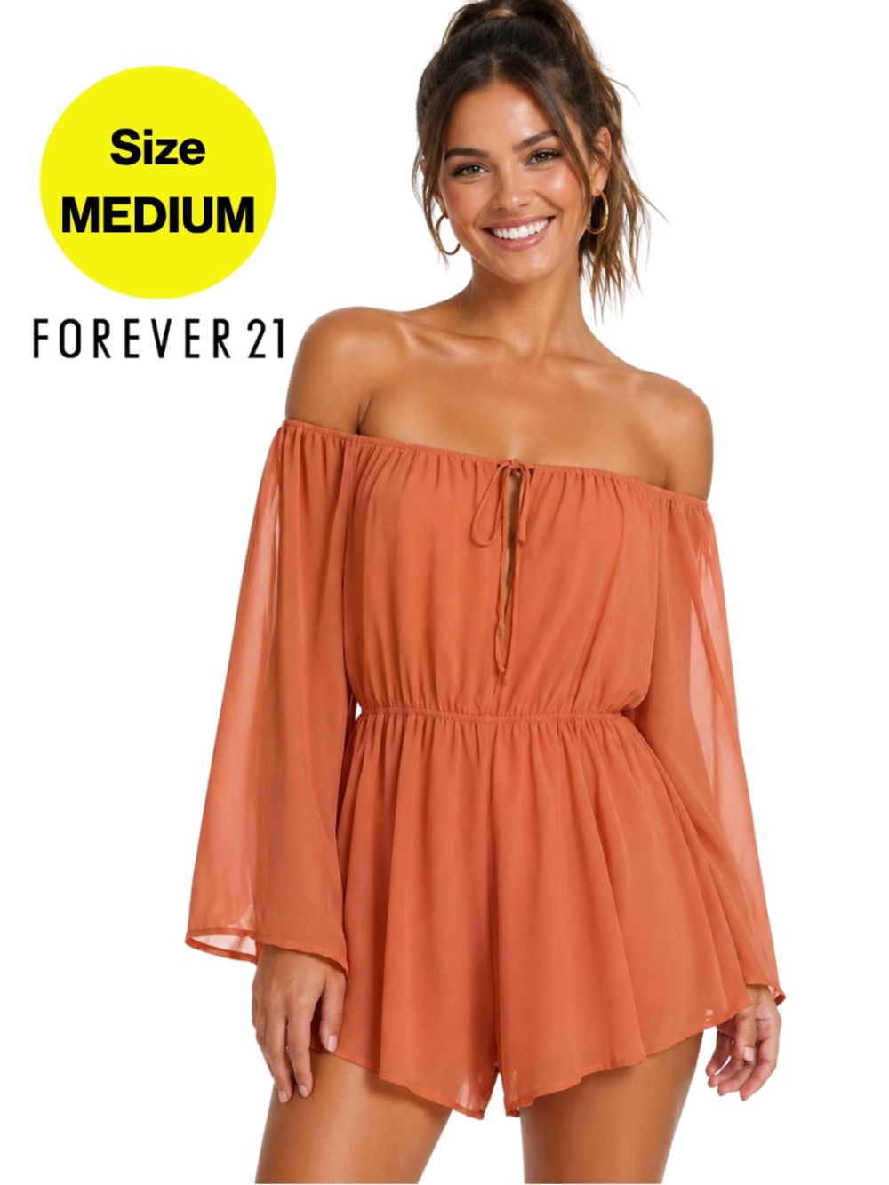 F21 🧡 Off-the-Shoulder Rustic Orange Shorts Romper (Women's Size Medium)
